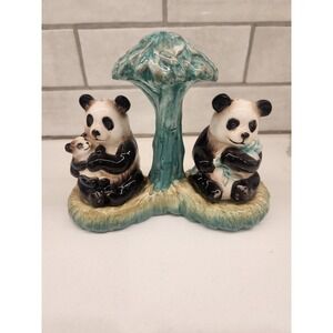 Vtg. Panda Bear Salt and Pepper Shakers‎ with Bamboo Tree Stand Holder Ceramic